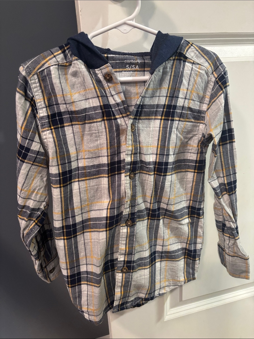 Carter's Navy, White & Yellow Plaid Hooded Button-Down Shirt